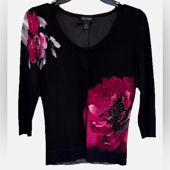 White House Black Market Sweaters - White House Black Market XS Black Floral Embellished Cardigan Sweater Top